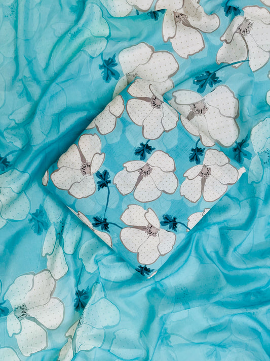cotton blue florer unstiched suit with printed soft dupatta & bottom (Copy)