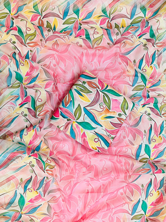 cotton peach florer unstiched suit with printed soft dupatta & bottom