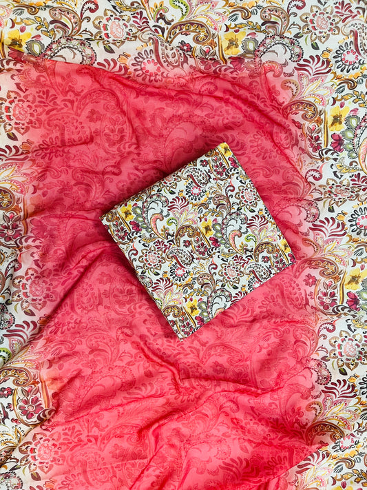 cotton peach florer unstiched suit with printed soft dupatta & bottom