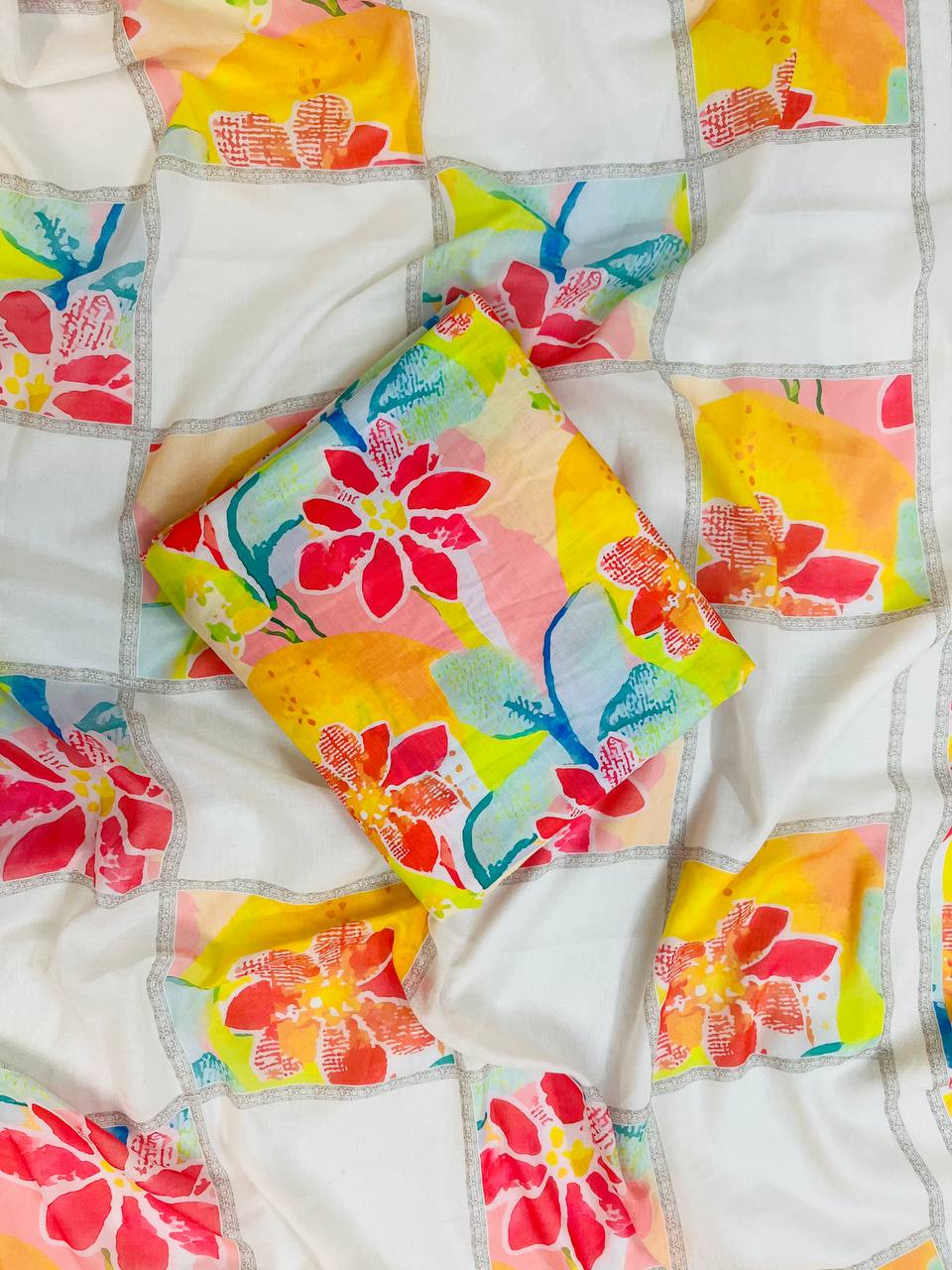 multicolor cotton unstiched suit wit printed soft dupatta & bottom (Copy) (Copy)