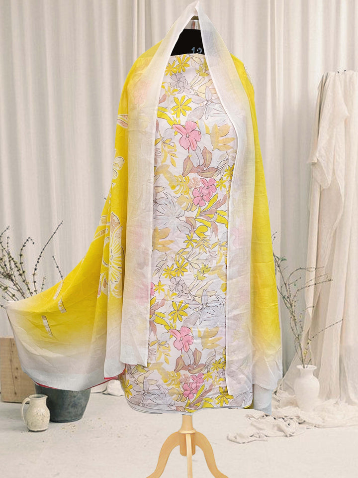 cotton yellow  unstiched suit with  printed soft dupatta & bottom