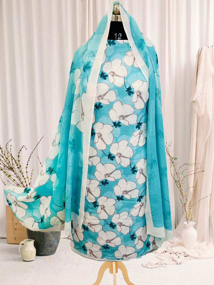 cotton blue florer  unstiched suit with  printed soft dupatta & bottom (Copy)