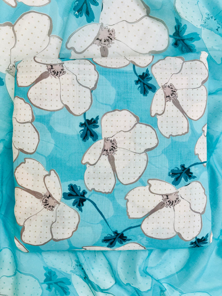 cotton blue florer  unstiched suit with  printed soft dupatta & bottom (Copy)