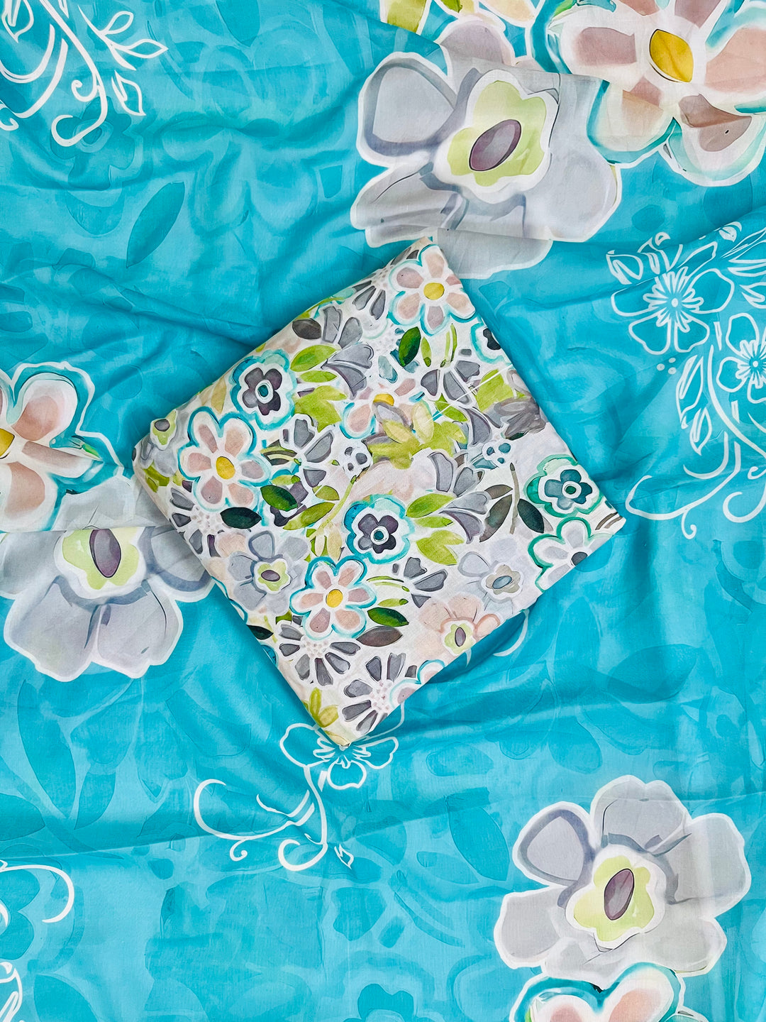 cotton unstiched suit with  printed soft dupatta & bottom  hand painting style printed dupatta