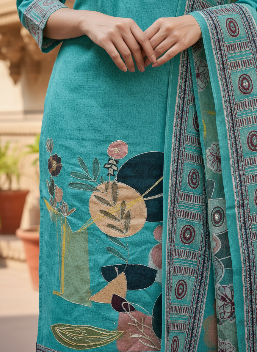cotton suit with handwork aari and printed soft dupatta & bottom