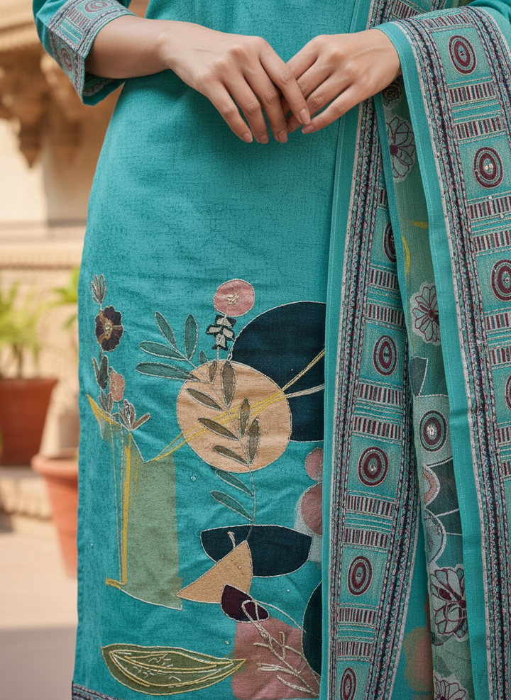 cotton suit with handwork aari and printed soft dupatta & bottom