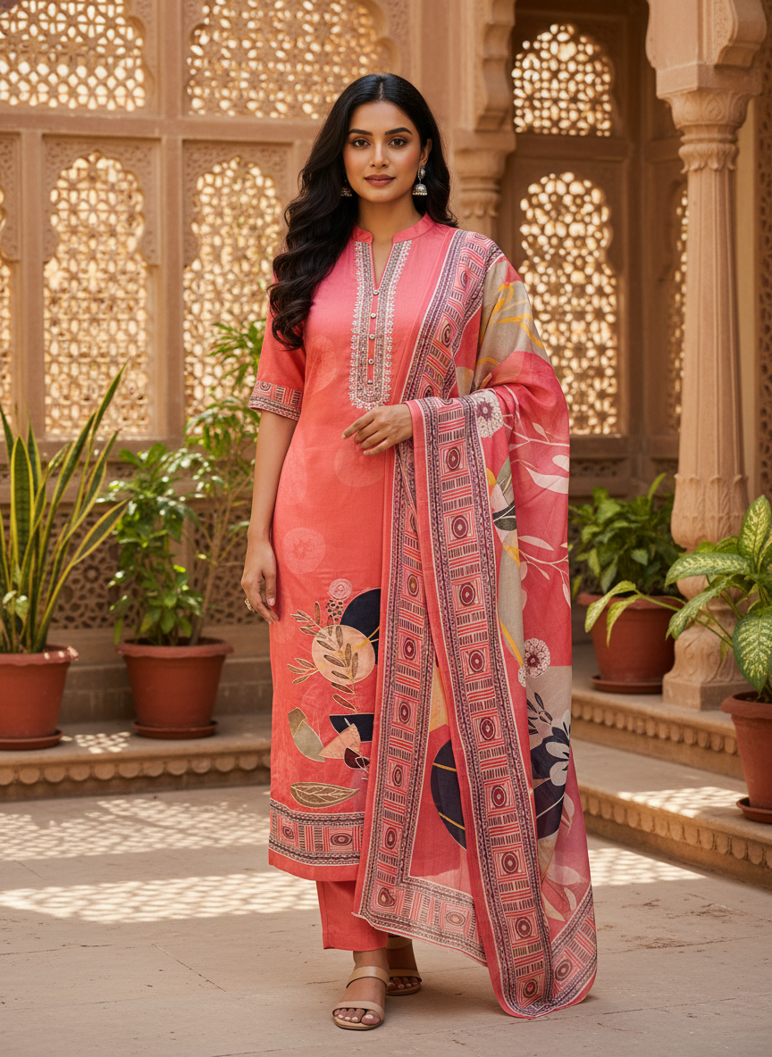 cotton suit with handwork aari and printed soft dupatta & bottom