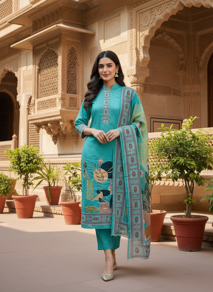 cotton suit with handwork aari and printed soft dupatta & bottom