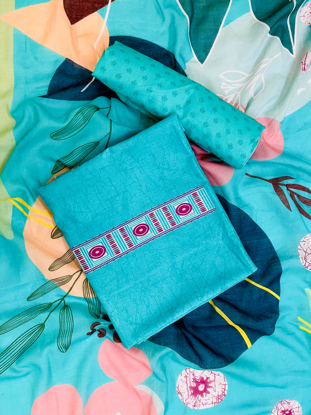 cotton unstiched suit with handwork aari and printed soft dupatta & bottom