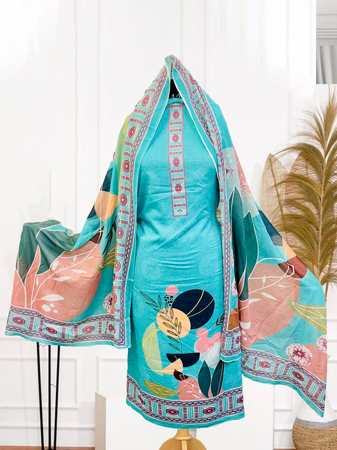 cotton unstiched suit with handwork aari and printed soft dupatta & bottom