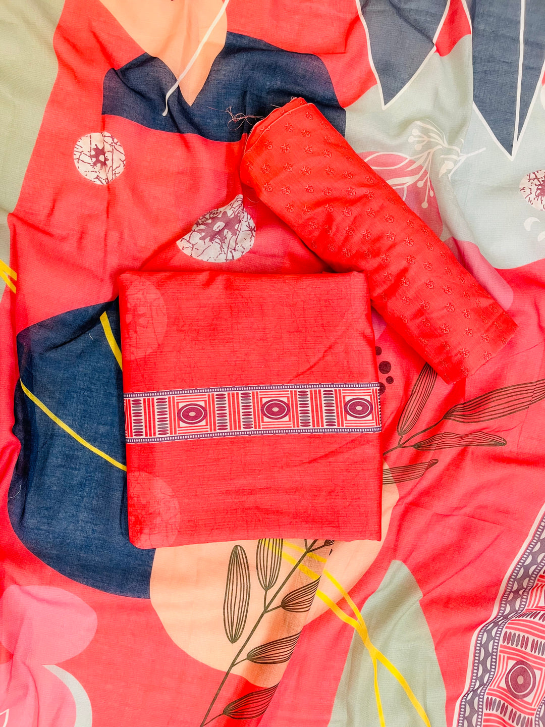 cotton unstiched suit with handwork aari and printed soft dupatta & bottom