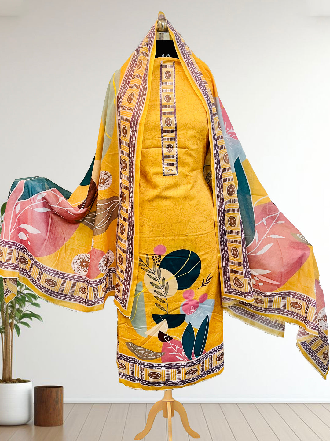 cotton unstiched suit with handwork aari and printed soft dupatta & bottom