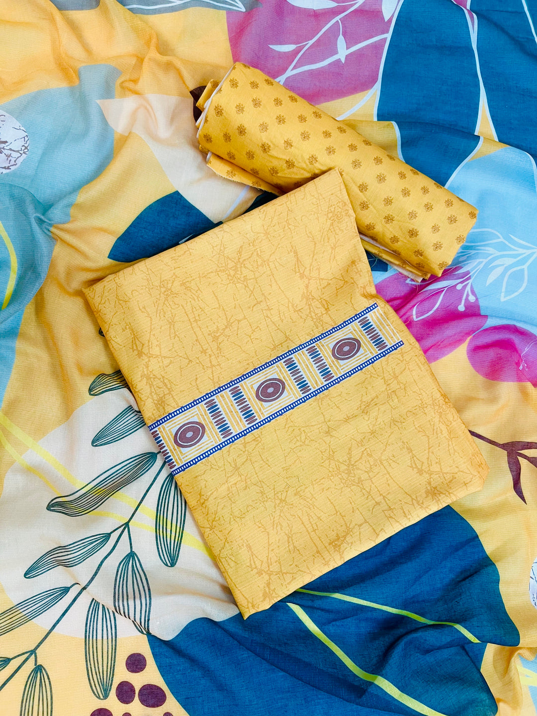 cotton unstiched suit with handwork aari and printed soft dupatta & bottom