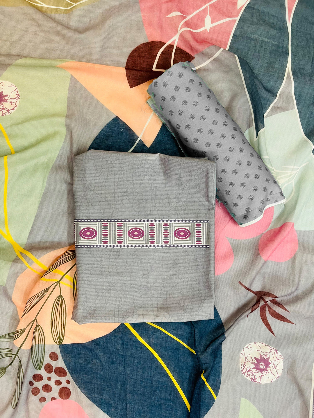 cotton unstiched suit with handwork aari and printed soft dupatta & bottom