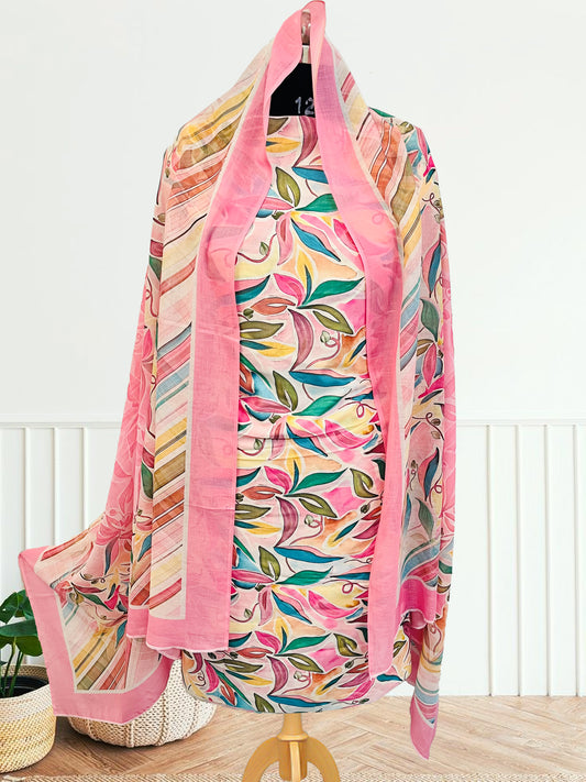 cotton peach florer  unstiched suit with  printed soft dupatta & bottom