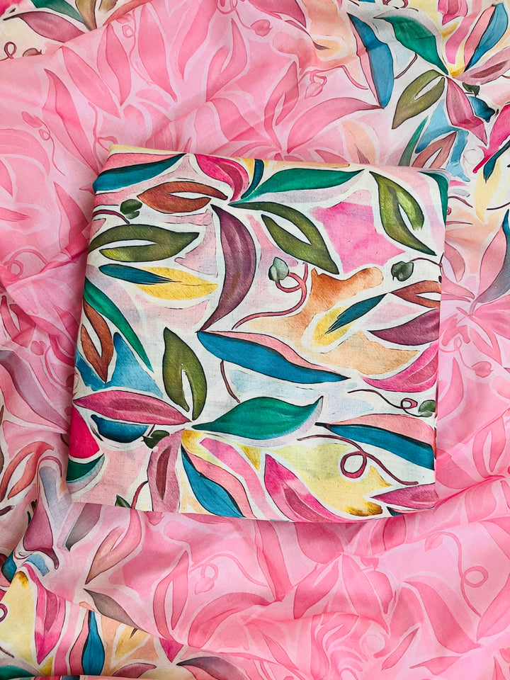 cotton peach florer  unstiched suit with  printed soft dupatta & bottom