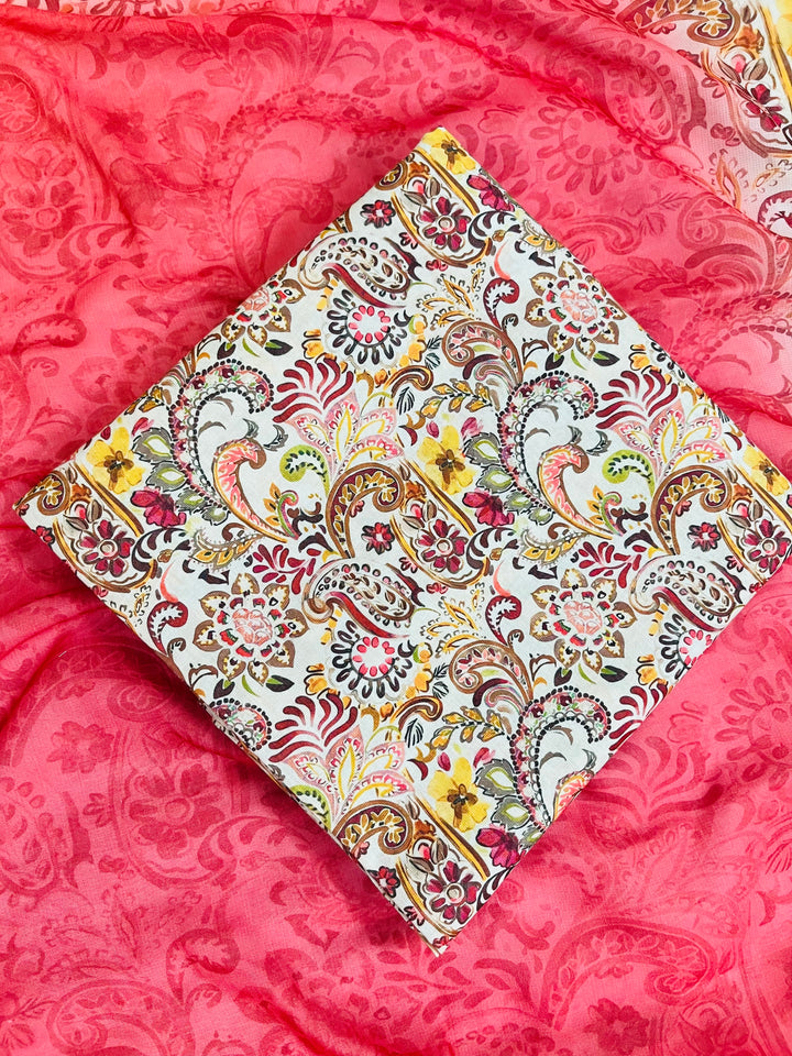 cotton peach florer  unstiched suit with  printed soft dupatta & bottom