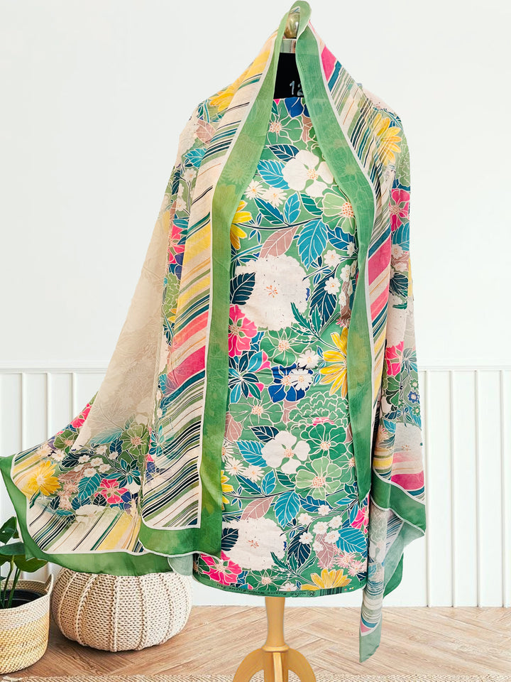 cotton green florer  unstiched suit with  printed soft dupatta & bottom