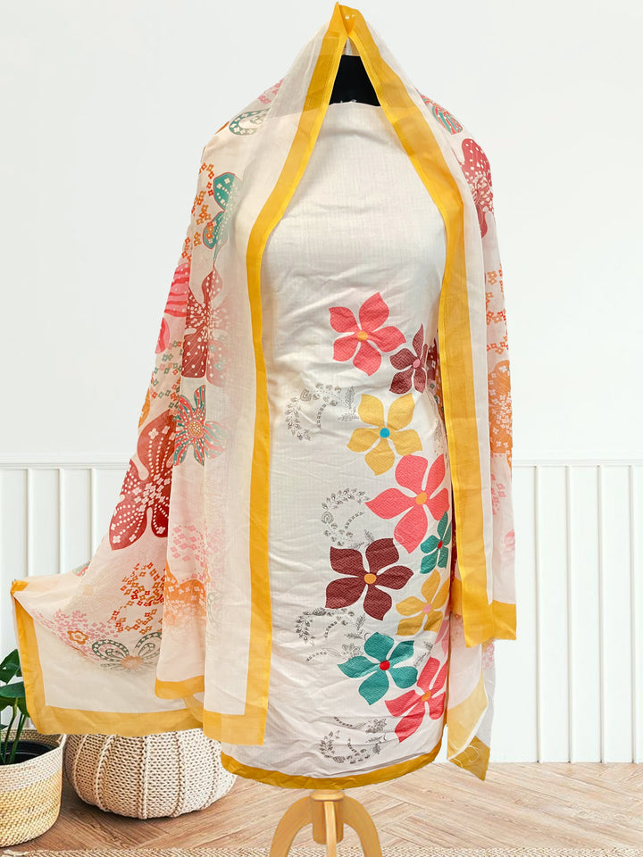 multicolor cotton unstiched suit wit printed soft dupatta & bottom