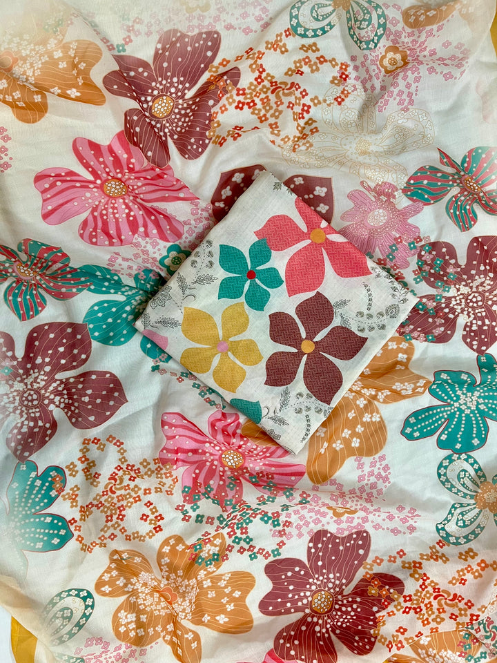 multicolor cotton unstiched suit wit printed soft dupatta & bottom