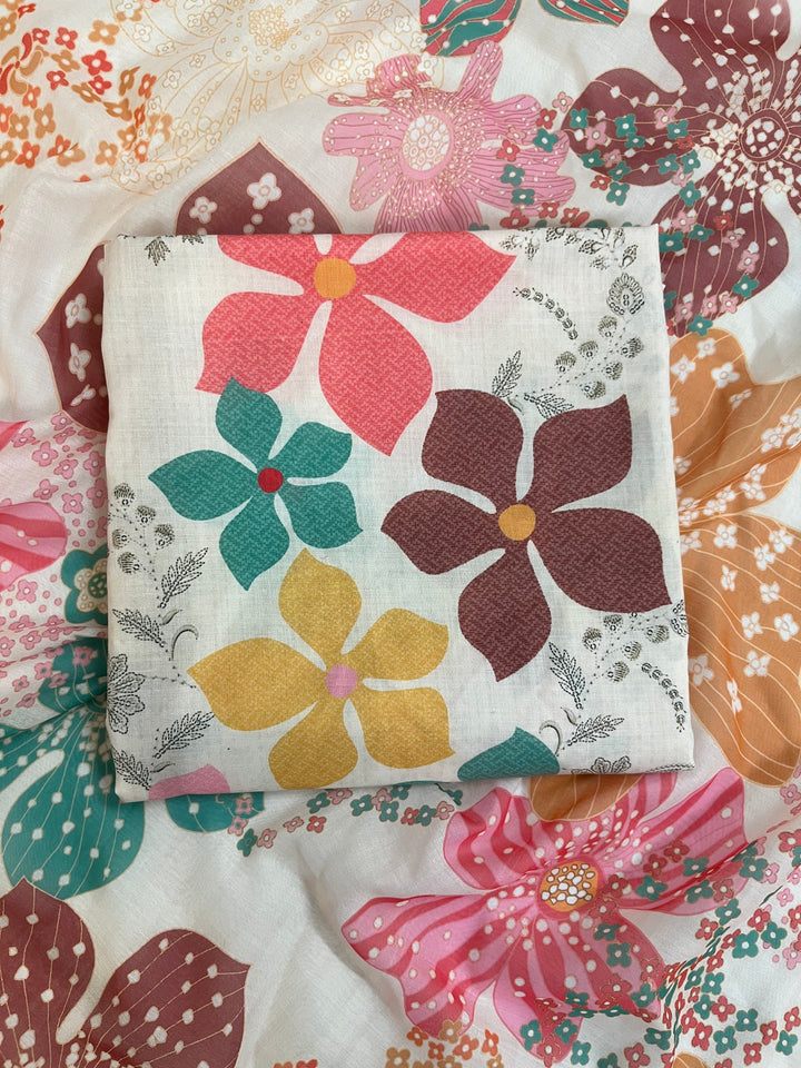 multicolor cotton unstiched suit wit printed soft dupatta & bottom