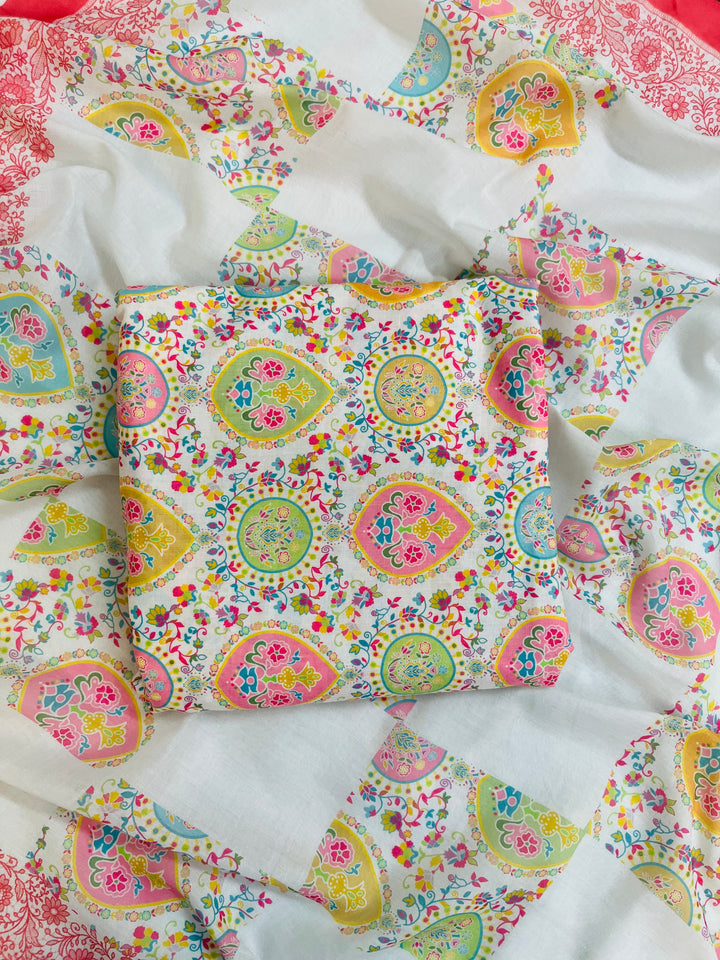 cotton unstiched suit with  printed soft dupatta & bottom