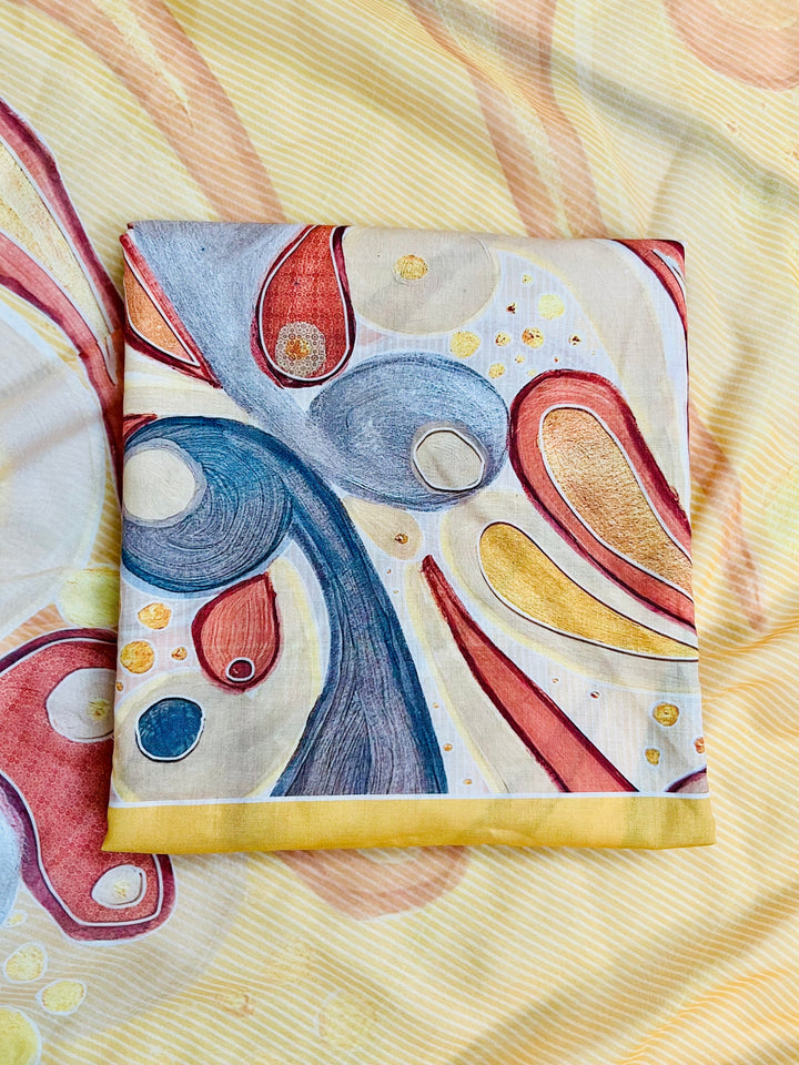 cotton unstiched suit with handwork aari and printed soft dupatta & bottom