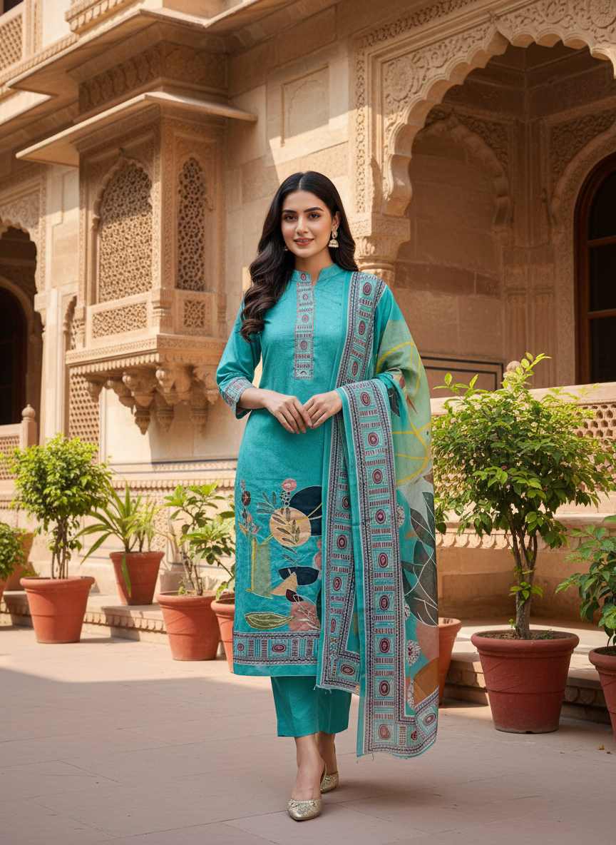 fancy lady suit cyan color with soft cototn dupatta & beautifull prin